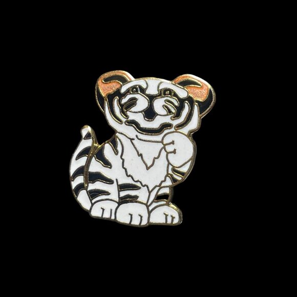 White Tiger with Black Stripes Enameled Brooch Pin Vintage - Picture 2 of 4